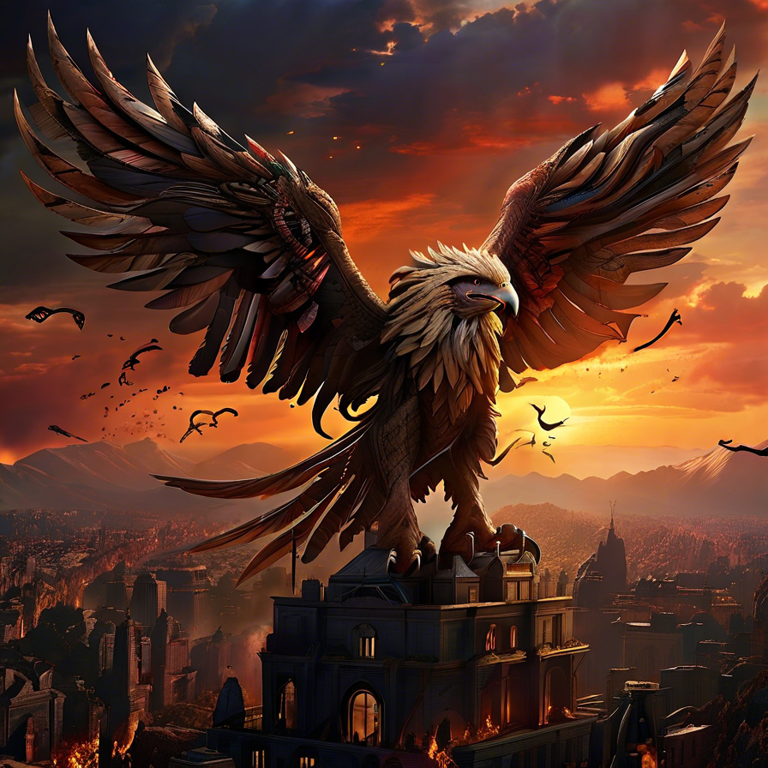 Griffin over a burning city